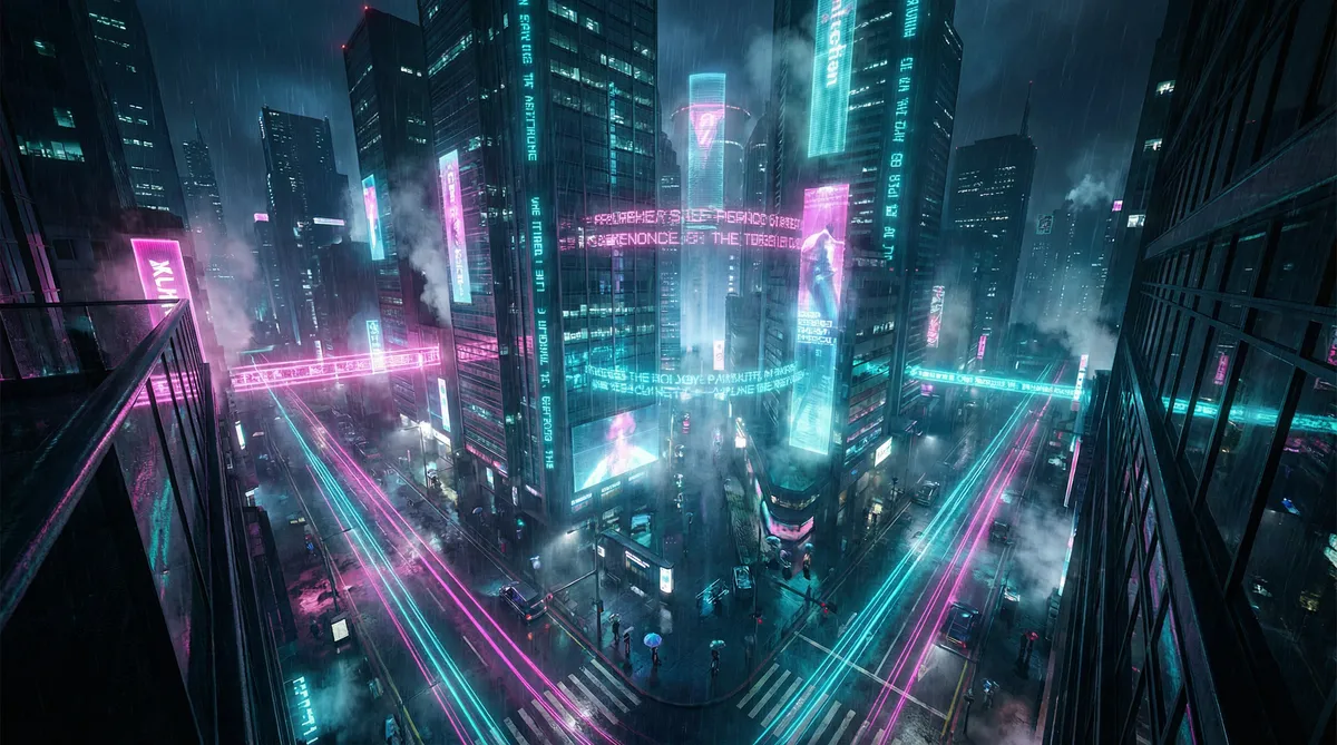 MELOGIN. CN 竖屏短剧平台首页背景 - 赛博朋克都市夜景
